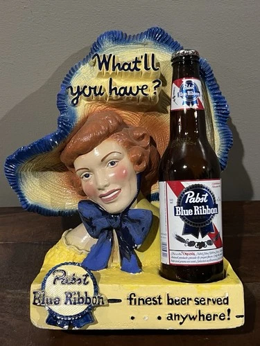 Vintage 1950s PABST BLUE RIBBON Beer Sun Bonnet Lady / Bottle Chalkware Bar Sign