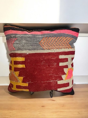 Turkish Kilim Throw Pillow Handwoven Wool Decor Velvet Back w/ Down Insert 20”