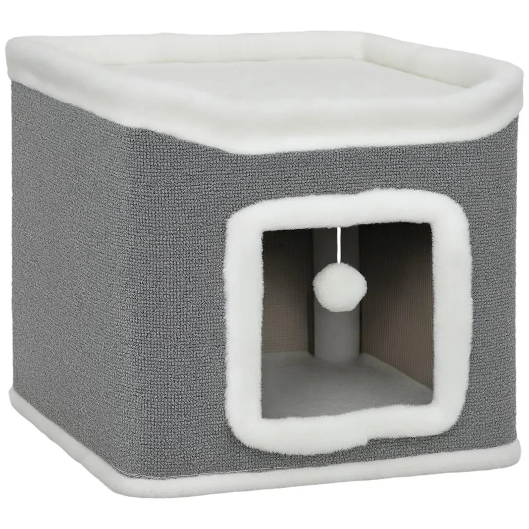 Pawhut Cat House For Indoor Kittens, 2-Level Cat Cave Bed, Grey - Image 2