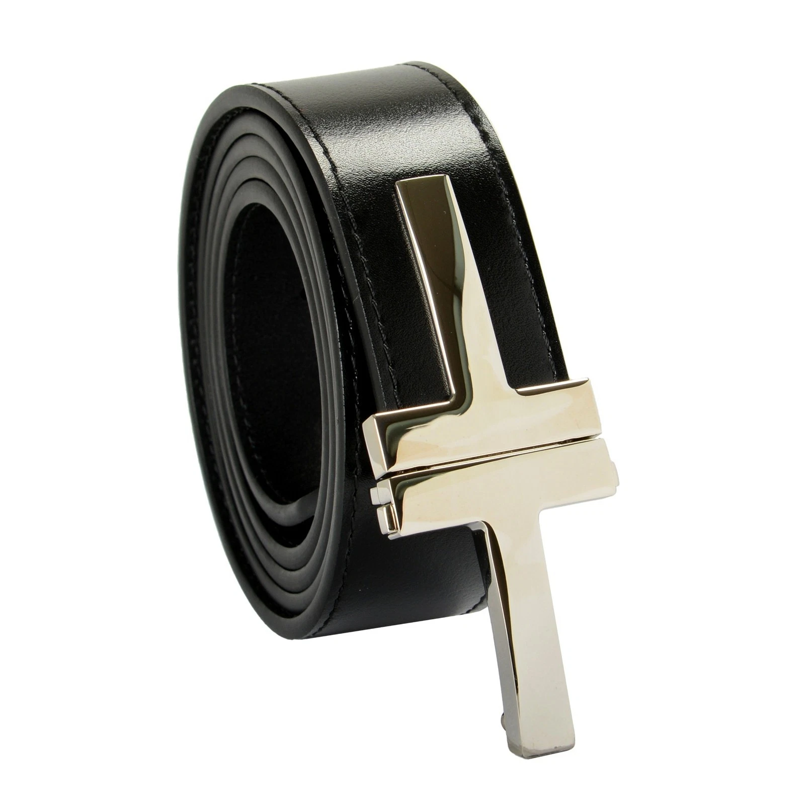 Tom Ford — Tom Ford Black Leather Silver Metal T-Buckle Decorated Belt US 42 IT 105