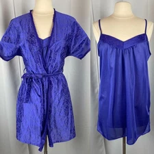 Vintage Lingerie Set Size Medium Purple Satin Robe Slip Nightgown Peignoir 80s