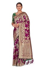 Women's Banarasi Silk Blend Woven Zari With Tussles Saree Jacquard Woven Blouse
