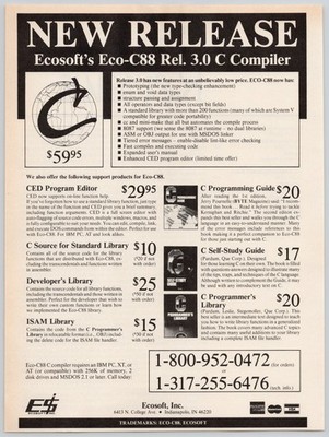 Eco C88 Compiler Ecosoft MSDOS Program Editor Assembler 1986 Vintage Print Ad