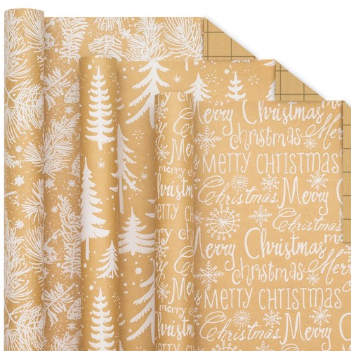 Christmas Wrapping Paper Roll - Brown Kraft Paper with Vintage White Christma...