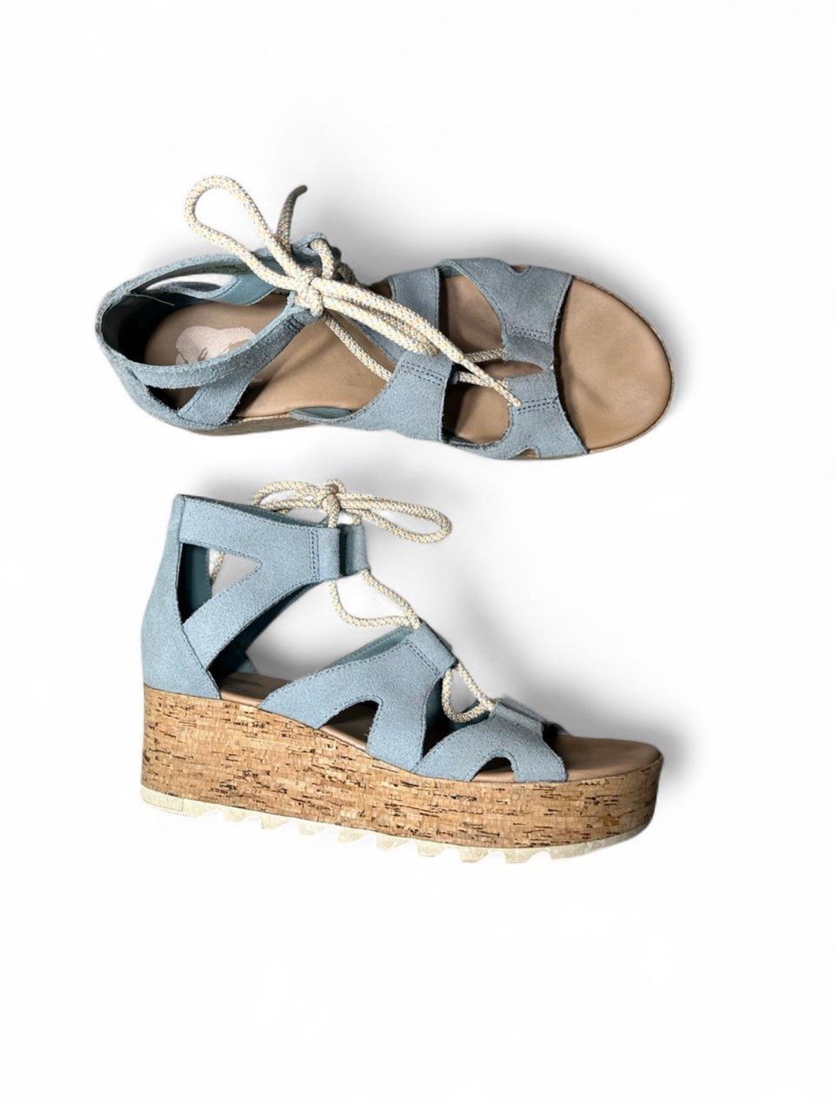 SOREL Women’s Ella Lace-Up Wedge Sandals Light Blue Suede Cork Platform US 9