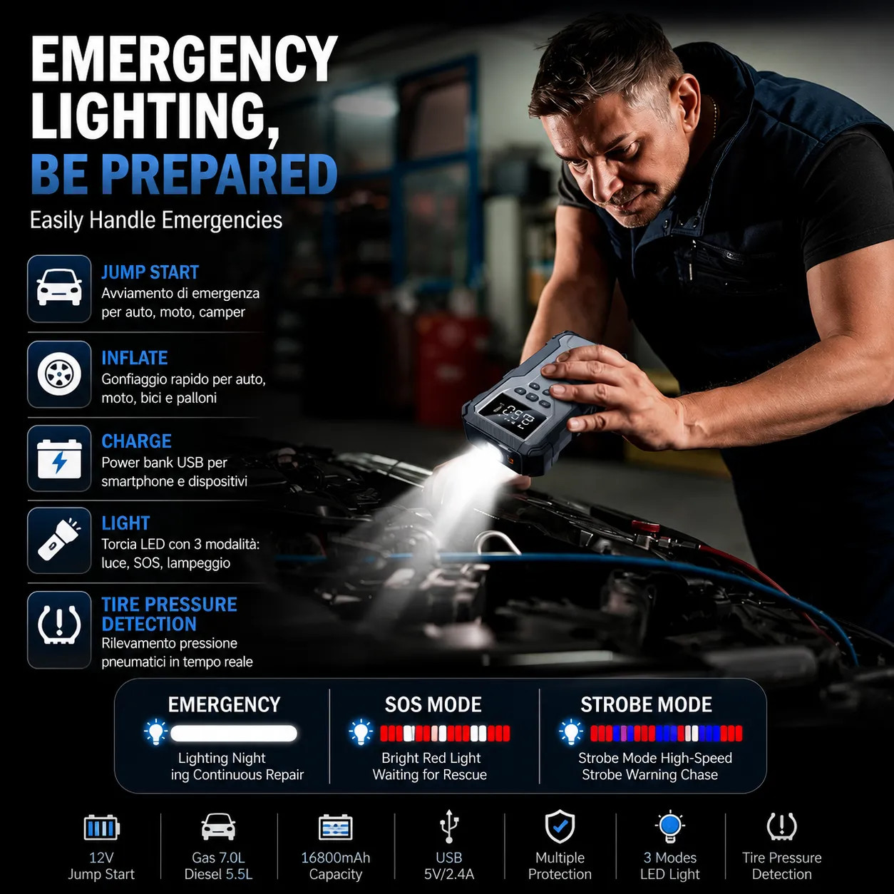 Avviatore Emergenza Auto 12000mAh Compressore Gonfiatore Pneumatici Power Bank foto 2