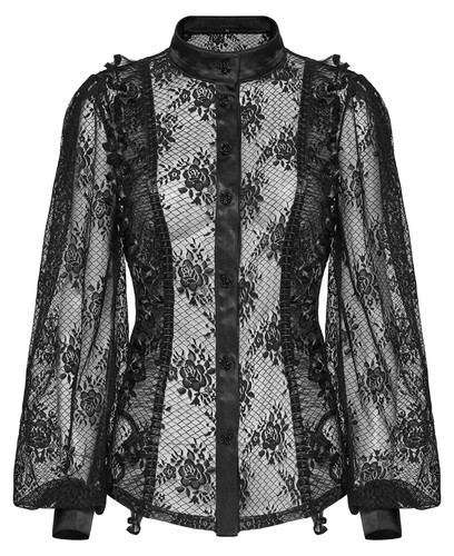 Punk Rave Women Black Gothic Rose Lace Transparent Shirt Sexy Mesh Blouse - Picture 14 of 20