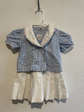 Vintage Rare 2 Pc Blue Checked Outfit Jacket w/ Matching White Pleated Dress 3T