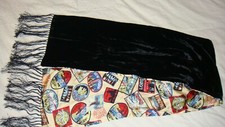 Vtg Nick Nora 100 Silk Velvet Fringed Scarf 59"x10" Colorful World Cities