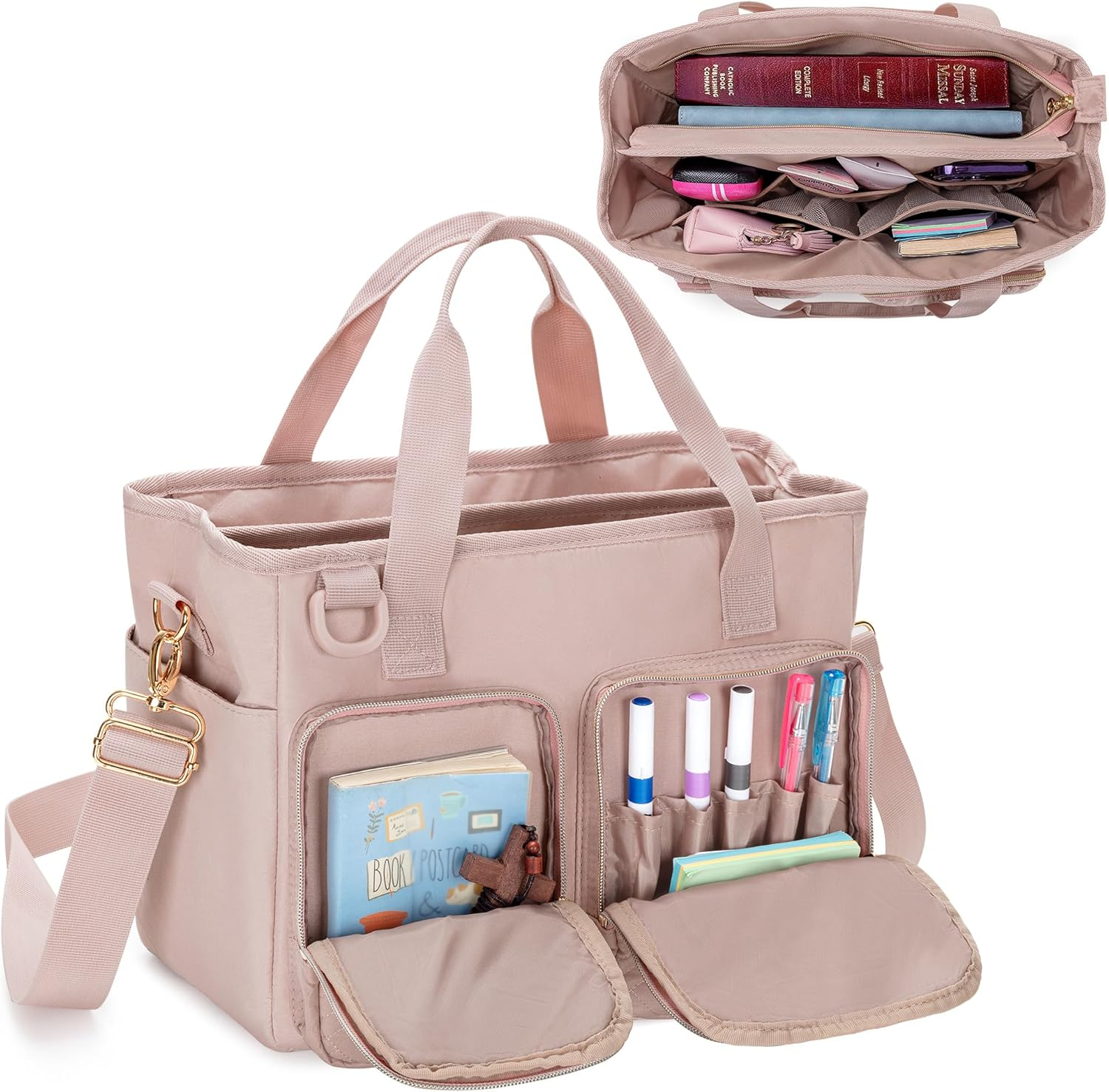 Tote Bag Women Bible Cover Carrying Case Church Bag Shoulder Strap Pink Quilted-image