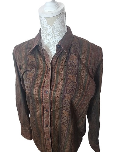 LAUREN Ralph Lauren Shirt Womens Brown Striped Paisley Long Sleeve Wide Cuff L - Picture 2 of 9