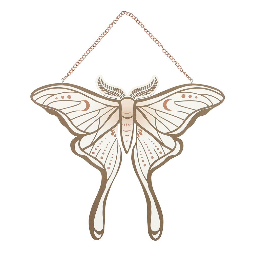 Wiccan Witchy  Sign White Luna Moth  Wooden Hanging Decoration 30 x 20 cm