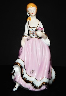 Lady Woman Porcelain Statue Flowers Gold Trim Pink Dress  Vintage