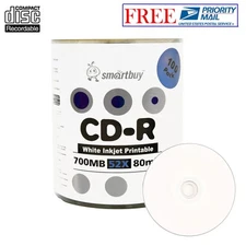 100 Pack Smartbuy Blank CD-R 52X 700MB 80M White Inkjet Printable Record Disc