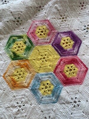 Handmade Crochet Blanket Throw Rainbow Octagon Honeycomb Granny Square-  86”x68”