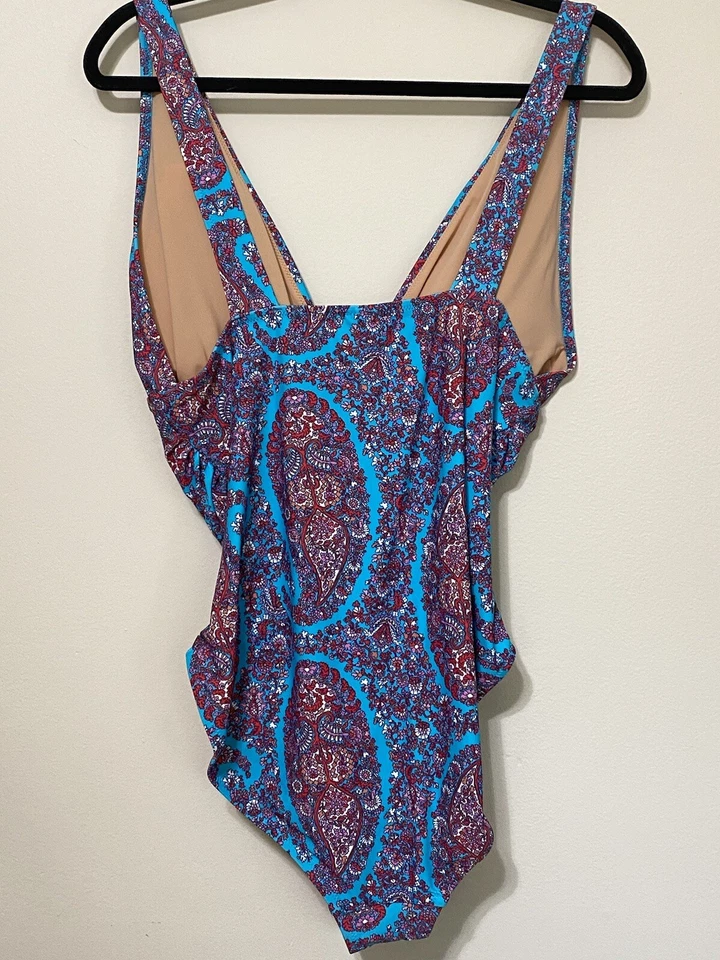 J.CREW бирюзовый пейсли v-образным вырезом собранными в Рюш цельный купальник + прикрыть платье размер L новый - Изображение 4 из 4