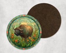 African Buffalo Spring Field Stained Glass Style Round Coaster Tea Coffee