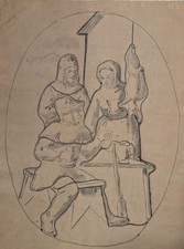 Scène de Taverne. Projet de Vitrail Lavis Dessin XIXème Old Drawing