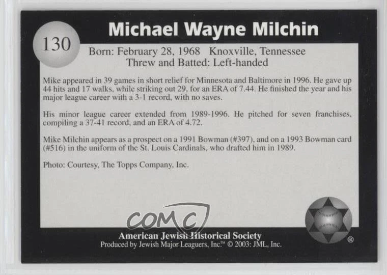 2003 American Jewish Historical Society Jewish Major Leaguers Mike Milchin #130 - Image 2 of 2