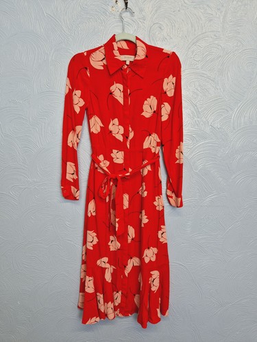Hobbs Midi Shirt Dress Womens Size 6 Orelia Red Pink Floral Belted Long Sleeve - Picture 9 of 10