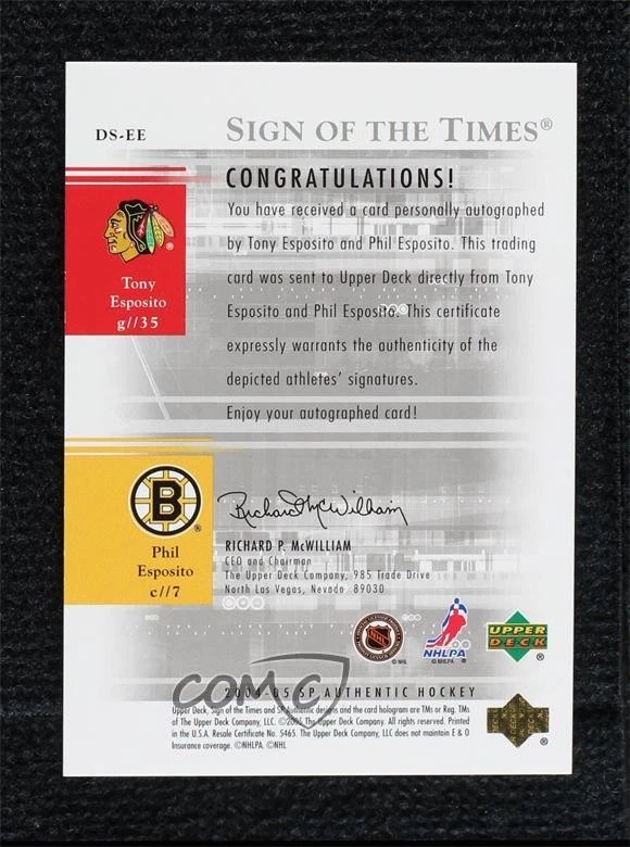 2004 SP Authentic Sign of the Times Dual Auto 19/25 Phil Esposito Tony Esposito - Image 2 of 3