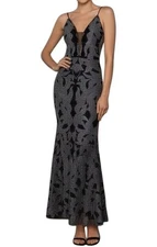 Betsy & Adam Sz-12 Black Glitter Brocade Evening Gown Mesh V-Neck Dress $289