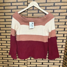 Cozy Co By Cozy Casual Mauve And‎ Burgundy Stripe Off Shoulder Sweater Size S/M