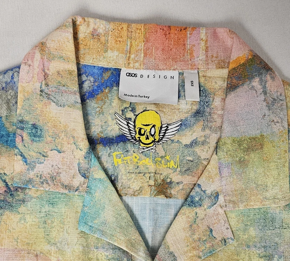 ASOS Design x Fat Boy Slim Pastel Short Sleeve Button Down Smiley Face Shirt XS - Image 3 of 4