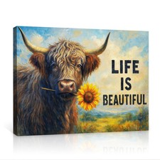 Highland Cow Sunflower Life is Beautiful Wall Art Canvas Poster Prints