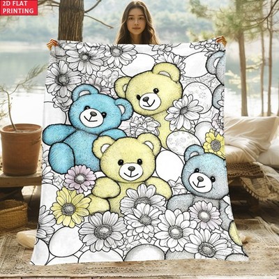 2d Flat 1pc Bear Family Flowers Outdoor Portable Blanket-Lightweight Home Furn