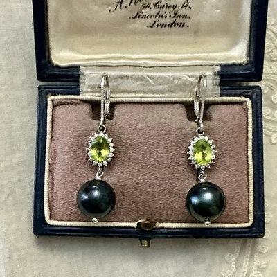 PERIDOT , TOPAZE, PERLE , ARGENT MASSIF , BELLES BOUCLES D’OREILLES ANCIENNES - Photo 1/4