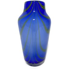 Hand Blown Art Vase 12" Blue Body w/Swirling Green Stripes Mid-Century Modern
