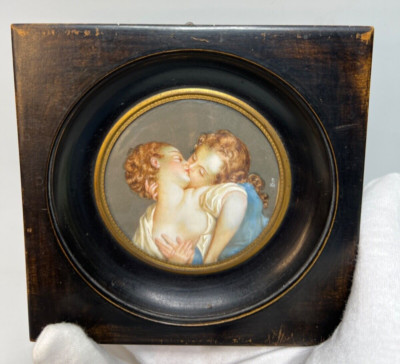 Victorian French Miniature Painting Portrait Love Couple Kissing Romantic Scene