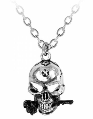 Alchemy Gothic 21&#034; &#039;The Alchemist Logo&#039; Pewter Skull &amp; Black Pewter Rose Pendant