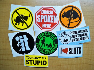 8-pack Funny Hard Hat Stickers Decals Shovel F**k It No Rats No Bull Love Sluts