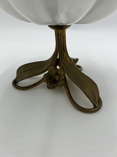 Antik Jugendstil Emaille bemalt Glas & Blatt Messing Sockel Kompott - Bild 8 von 11