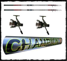 COPPIA CANNE CHAMPION + MULINELLI PESCA SURFCASTING LANCIO MARE BEACH