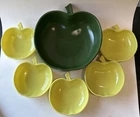 Vintage Hazel Atlas Apple Shaped Salad Serving Bowl Set 6 Piece Set 1950’s Green