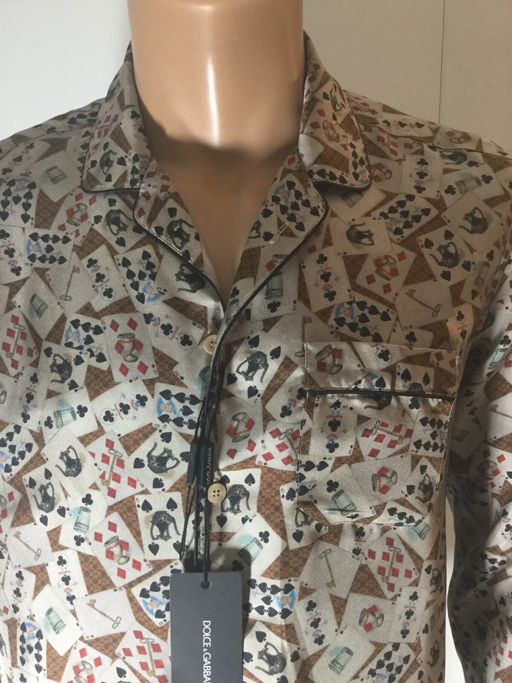 Camisa de pijama de seda con estampado de tarjetas DOLCE & GABBANA ropa de dormir talla IT 5/ EE. UU. M Foto 2 de 4