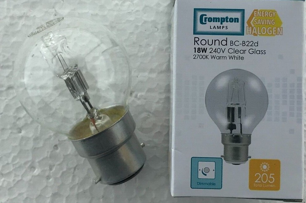 4 x Crompton 18W = 24W BC B22 Halogen 45MM Round Golf Ball bulb lamp 205lm G2