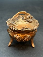 Vtg Victorian Gold Gilt Metal Miniature Hinged Stash Trinket Box Rose Relief