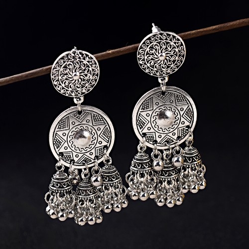 Damen Metallquaste Jhumka indische ethnische Bollywood Boho hängende Ohrringe Schmuck - Bild 93 von 131