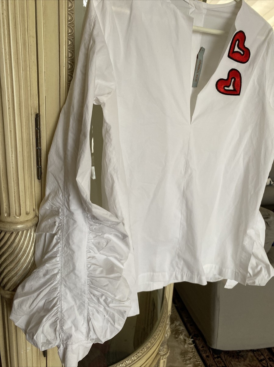Silvia Tcherassi white cotton blouse embroidered V slit neck