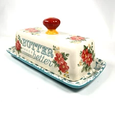 PIONEER WOMAN Butter Dish with Lid Floral Turquoise Farmhouse Cottage