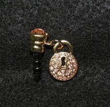 1 Cellphone 3.5mm Rhinestone Dust Plug Steampunk Lock Gold