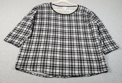 Sunday Top Women s 1X Plus Black Gray Plaid ¾ Sleeve Scoopneck Stretch Soft Knit