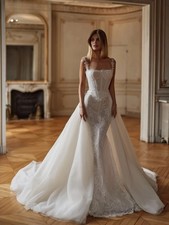Glitter Lace Wedding Dress With Detachable Train Classic Square Neck Bridal Gown