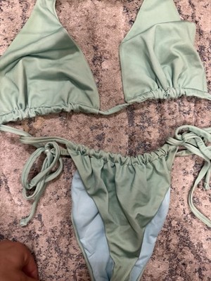 BAOBAB Green/Blue Satin Triangle Halter Bikini 2-Piece Tie-Side Bottoms M