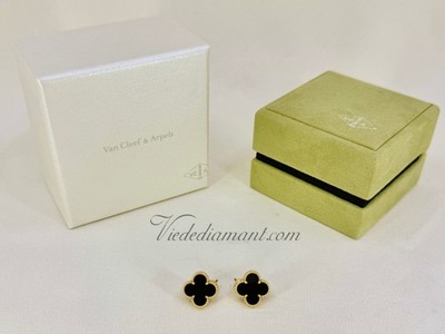 Van Cleef & Arpels Vintage Alhambra Earrings Yellow Gold Onyx  