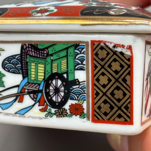 Caja de baratijas de porcelana Imari Japón años 70 carro de bueyes Phoenix floral cuadrado con tapa 3" - Imagen 9 de 11